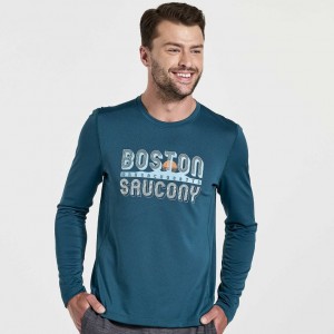 Blue Saucony Stopwatch Graphic Long Sleeve Men's T-Shirt | ISRAEL UQSVFN