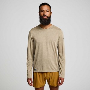 Khaki Saucony Stopwatch Long Sleeve Men's T-Shirt | ISRAEL AWHKZC