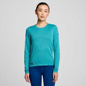 Turquoise Saucony Stopwatch Long Sleeve Women's T-Shirt | ISRAEL KHDMYZ