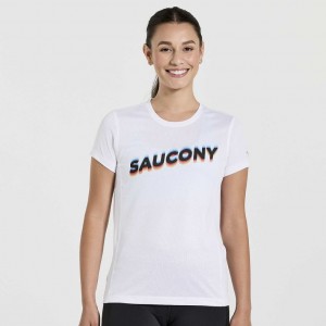 White Saucony Stopwatch Graphic Short Sleeve Women's T-Shirt | ISRAEL UGEVRO