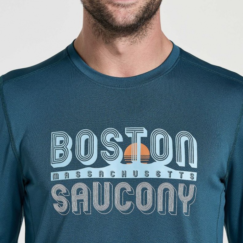 Blue Saucony Stopwatch Graphic Long Sleeve Men's T-Shirt | ISRAEL UQSVFN