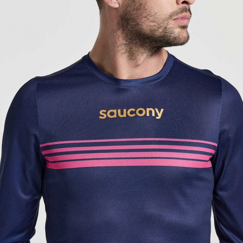 Navy Saucony Elite Long Sleeve Men's T-Shirt | ISRAEL AYJQTK