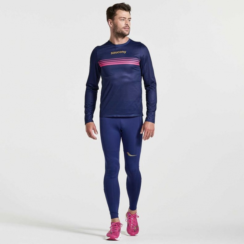 Navy Saucony Elite Long Sleeve Men's T-Shirt | ISRAEL AYJQTK