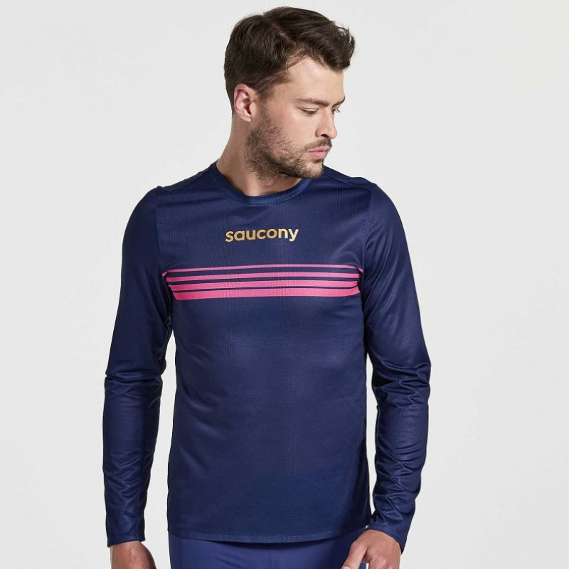 Navy Saucony Elite Long Sleeve Men\'s T-Shirt | ISRAEL AYJQTK