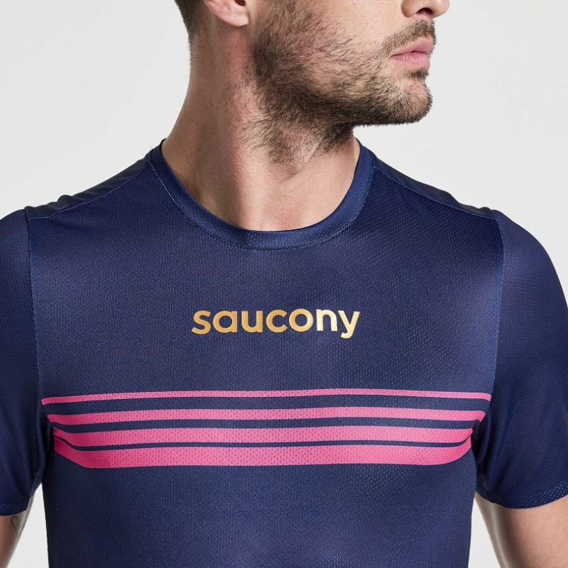 Navy Saucony Elite Short Sleeve Men's T-Shirt | ISRAEL TVXEOW