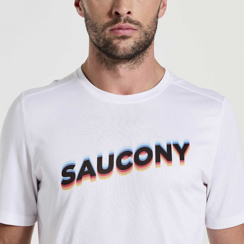 White Saucony Stopwatch Graphic Short Sleeve Men's T-Shirt | ISRAEL LKZDMG