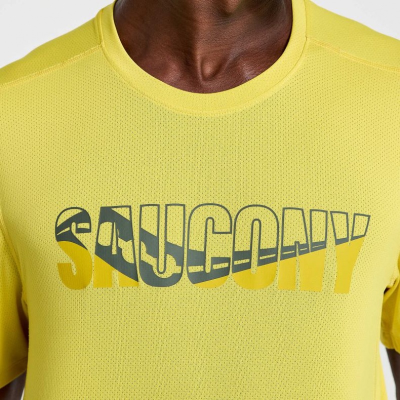 Yellow Saucony Stopwatch Graphic Short Sleeve Men's T-Shirt | ISRAEL YQOMLB